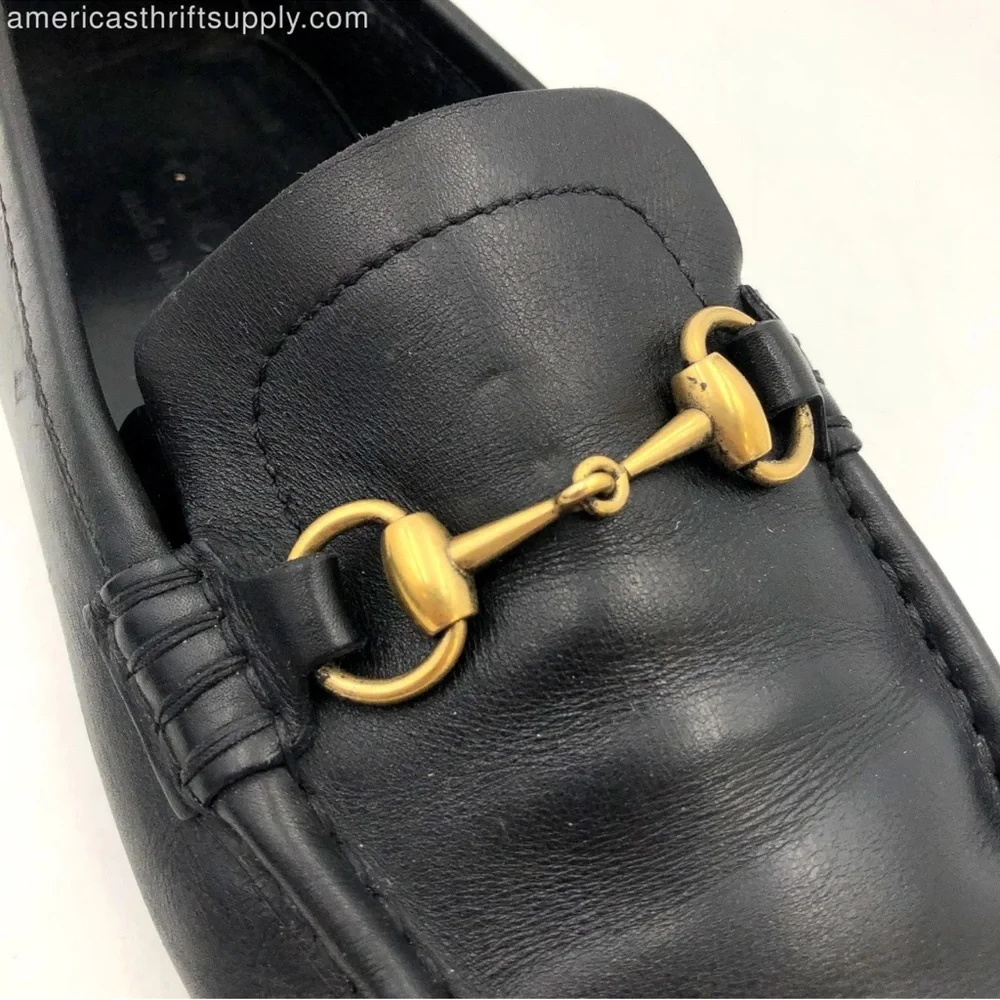 Gucci Men's Black Leather Loafers w/ Gold-Tone Horsebit Detail - Size 9.5 (+COA)